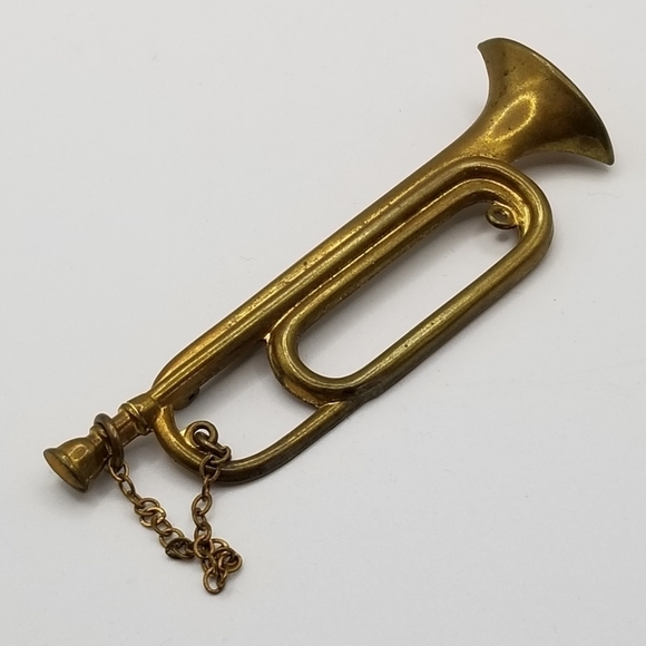 Vintage Antique Pin Brooch C Clasp Brass Bugle Musical Instrument Horn Lapel 3in - Picture 9 of 9